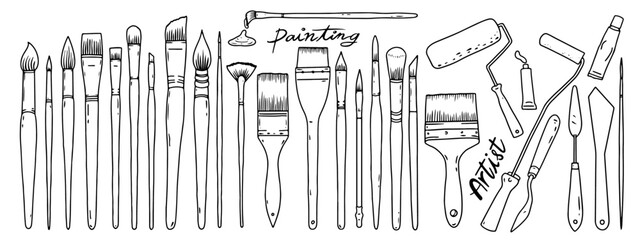 Collection of painting brushes tools for artist. Vector and illustration graphic elements. Paintbrush set.