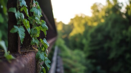 Windswept railway bridge covered in lush ivy with sunlight filtering through, blending rusted metal and vibrant greenery, evoking nostalgia, decay, and nature's reclaiming beauty