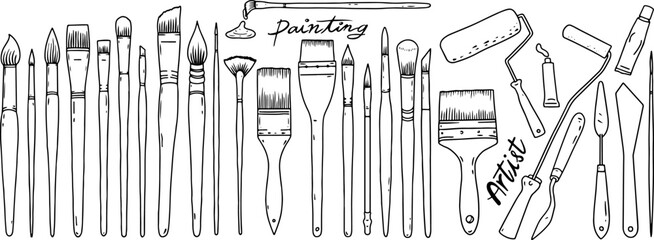 Collection of painting brushes tools for artist. Vector and illustration graphic elements. Paintbrush set.