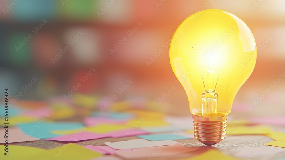 Poster lightbulb brainstorming strategy development collaboration close up of a glowing lightbulb on a tabl