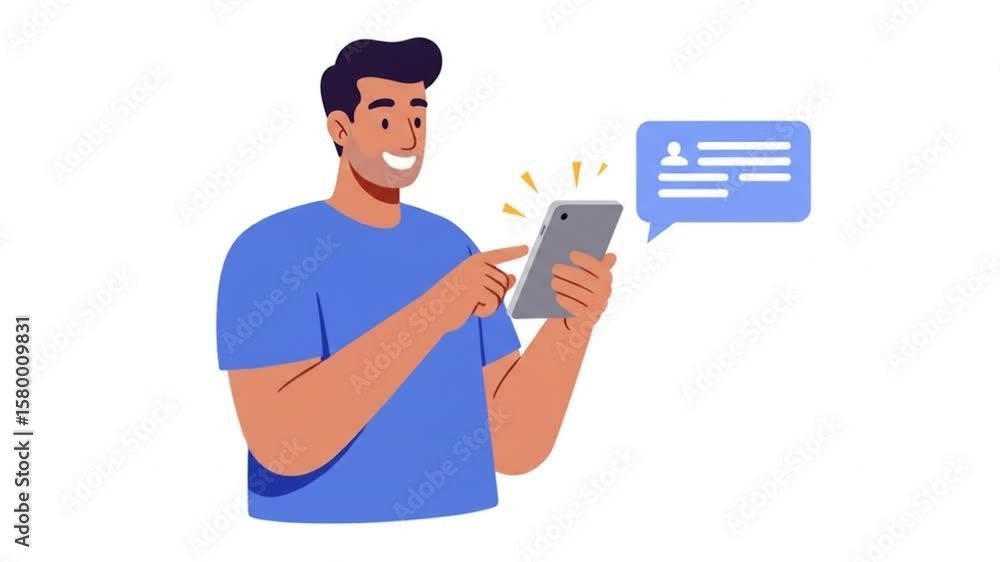 Poster man using smartphone with message notification and smiling in blue shirt