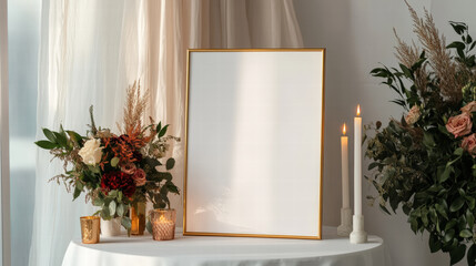 Romantic wedding blank signboard with golden frame and floral decoration in warm light
