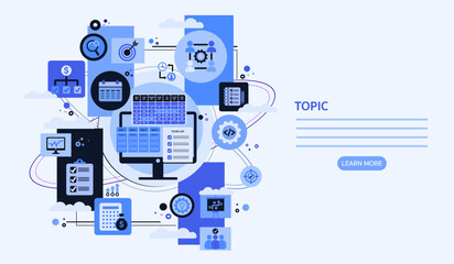 Work schedule and Project management for business Planning Calendar Agenda work schedule concept. Containing strategy, analysis, strategy, plan, tasks, goal, action. Solid icons vector template.