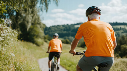 Senior couple cycling together on scenic trail with bright orange shirts and helmets