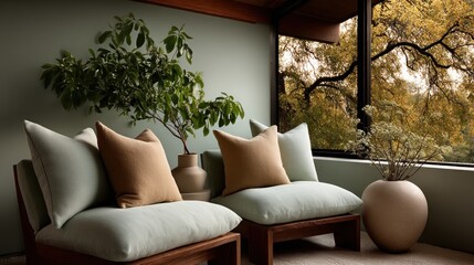 Tranquil seating area with leafy plants and natural light.