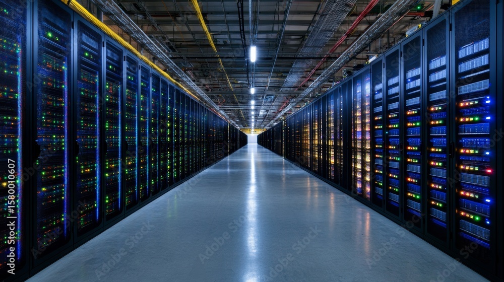 Poster wideangle symmetrical shot of a data center showcasing rows of black server racks illuminated by coo