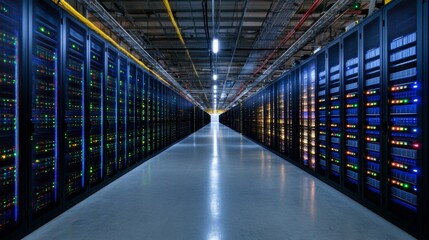 Wideangle symmetrical shot of a data center showcasing rows of black server racks illuminated by cool white lighting and blinking indicator lights, emphasizing the scale, precision, and hightech envi