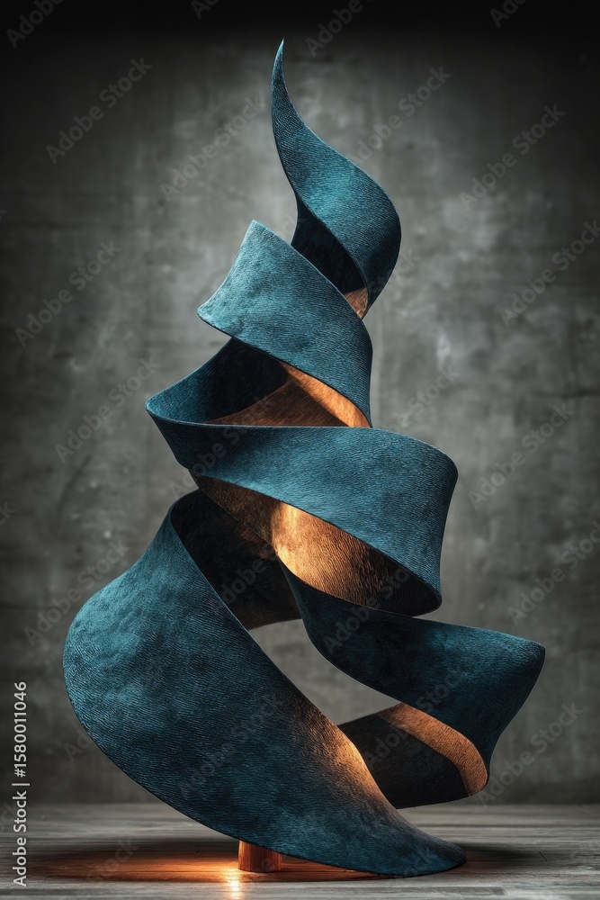 Poster sculpture showcases dynamic twisting form, illuminated from with
