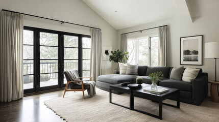 Fototapeta premium Modern living room with black sofa and wooden chair near open french doors and windows