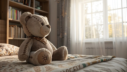 Teddy Bear on Bed by Window: A large, cuddly teddy bear sits on a neatly made bed, bathed in the soft light of a sunlit window. The scene evokes a sense of warmth, comfort, and childhood nostalgia. 