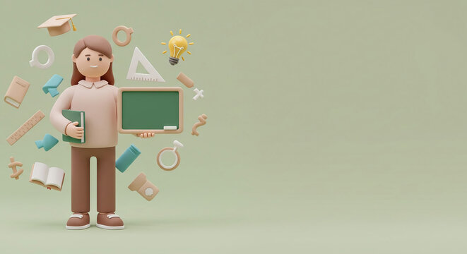 Educational Cartoon Character with Chalkboard Illustration for Back to School Theme, Teaching, Learning, Knowledge Concept - Powered by Adobe