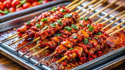 Naklejka premium Delicious Grilled Meat Skewers with Spicy Glaze and Herb Garnish