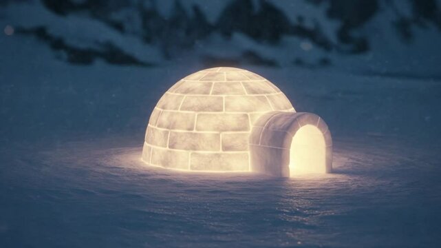 Illuminated igloo in snowy landscape at night