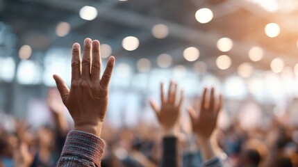 A crowd raising hands at a meeting, bokeh lights are visible above. Illustrates participation, support, or voting in a group setting.