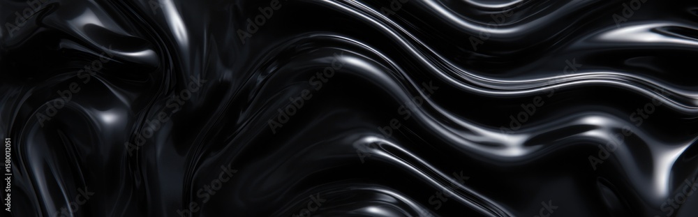 Poster smooth black liquid texture with dynamic waves and glossy reflec