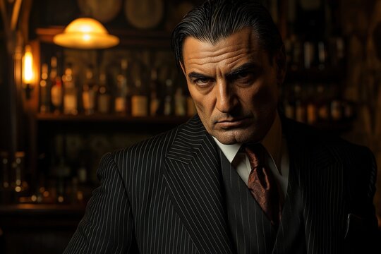 Stern mafioso boss in pinstripe suit, dimly lit bar backdrop