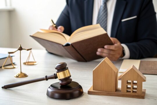 Lawyer reading legal book with gavel, house model, and justice scale on desk