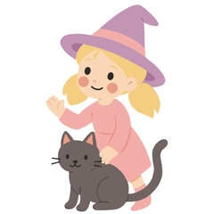 Little Witch with a black cat - Halloween clipart