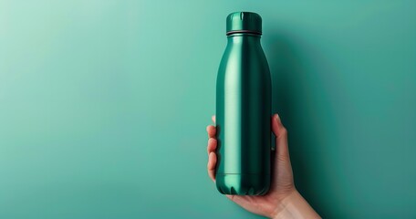 A dark green, sleek metal water bottle is held in a hand against a teal backdrop, Generative AI.