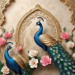 Seamless Mughal Wallpaper Illustration, Peacock, Flower, Wedding Background, Tree.