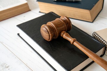 Wooden judge gavel resting on black legal book on white desk background