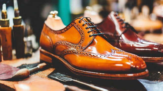 Polished leather dress shoes displayed on cobbler’s workbench.