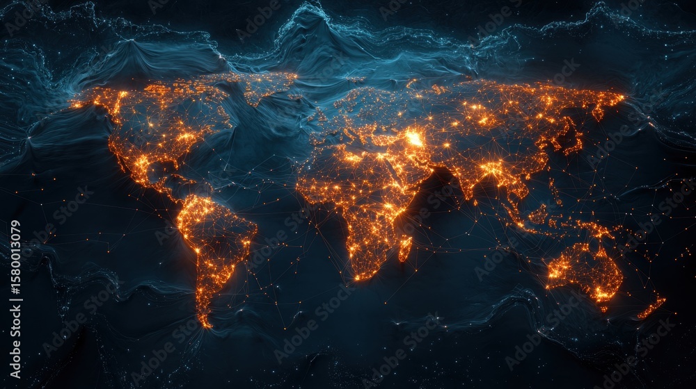 Aufkleber world map business industry network a digital world map illustrating business networks, with nodes a