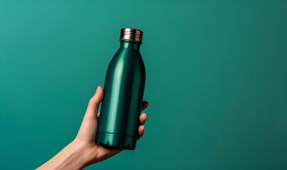 A dark green, sleek metal water bottle is held in a hand against a teal backdrop, Generative AI.