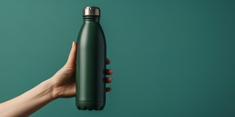 A dark green, sleek metal water bottle is held in a hand against a teal backdrop, Generative AI.