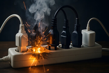 Power strip overloaded sparks flying from plug sockets on wooden surface under wall indicating catastrophic electrical overload fire hazard scenario indoors