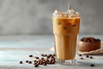 Iced coffee in a glass with ice and coffee beans on rustic wooden table. It could be used for advertising coffee shops or beverage products.