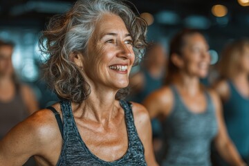 Happy mature woman with gray hair exercising in fitness class. This image represents healthy aging and active lifestyle concepts.