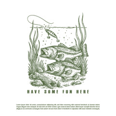 Vintage retro hand drawn fishing trout bait vector
