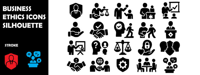 Obraz premium Business Ethics Icons Silhouette Vector Set — Integrity, Values and Corporate Responsibility