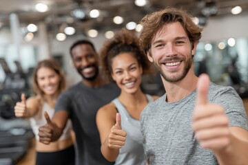 Obraz premium Diverse group gives thumbs up at the gym after exercising. Motivate your audience with health, fitness, and teamwork concept.