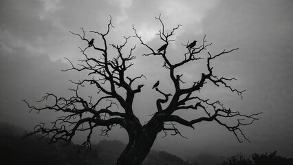 Eerie Silhouette Birds Perched on a Bare Tree Against a Dramatic Sky in Black and White