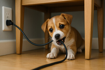 Curious puppy biting live power cord connected to wall outlet under table illustrating immediate electrical danger and urgent pet safety hazard in residential interior environment
