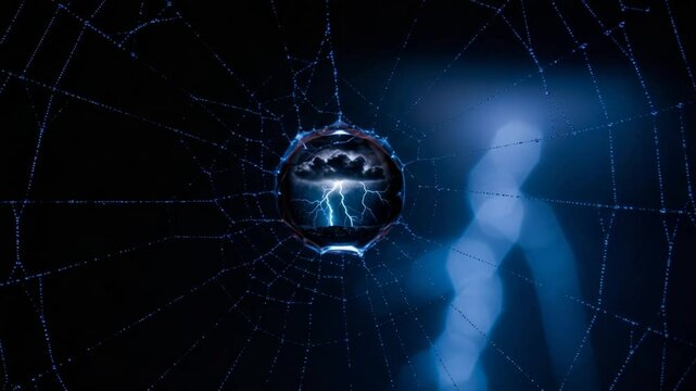 Spider Web Framing Stormy Sky with Lightning Effects