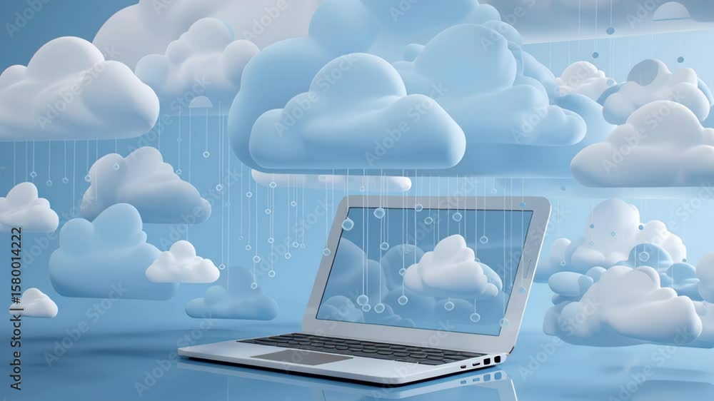 Poster laptop with cloud technology and abstract cloud elements representing digital connection