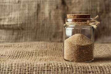 A glass jar filled with a light brown granular substance on a background textured with sand, Generative AI.