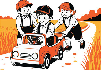 Three children pushing a toy car along a country road, a scene of playful childhood.
