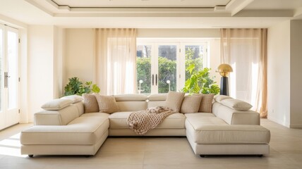 An interior design displays a comfortable sofa in a sunlit, serene living space near plants.