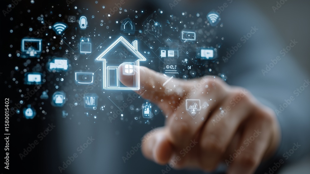 Aufkleber close-up of a hand interacting with a holographic interface showing a smart house and iot devices — 