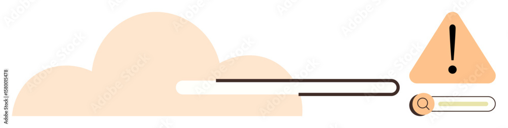 Poster cloud shape with loading bar, exclamation alert triangle, and magnifying glass conveying caution or 