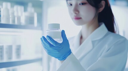 Japanese cosmetic chemist testing a new skincare formula in a clean lab environment, capturing the intersection of science, beauty, and innovation in the professional world of cosmetic development