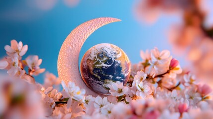 A crescent moon-shaped frame cradling Earth, surrounded by pink and white blossoms on a dreamy pastel background