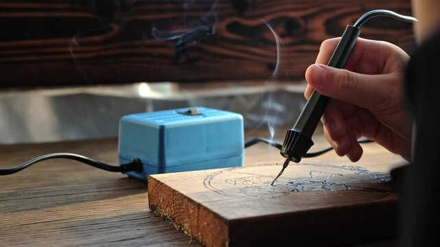 Burn out the picture. Woodburning or pyrography. An artist drawing on a wooden plank with pyrograph. Wood burning ASMR creative hobby. Art class workshop. Creative activity. High quality 4k footage.