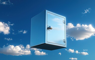 Metal safe floating in the sky among clouds