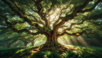 A large old oak tree and its branches, with sunlight filtering through the lush foliage.