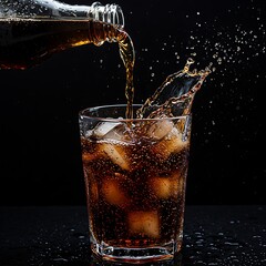 Thirst-quenching carbonated drink actively pouring into a frosty glass of ice, highlighted by dark surroundings.